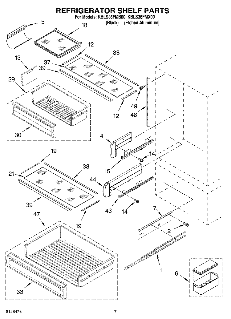 REFRIGERATOR SHELF PARTS Diagram and Parts List for KBLS36FMX00  KitchenAid Refrigerator