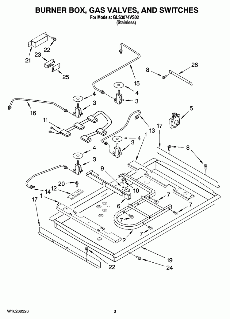BURNER BOX, GAS VALVES, AND SWITCHES Diagram and Parts List for GLS3074VS02  Whirlpool Cooktop