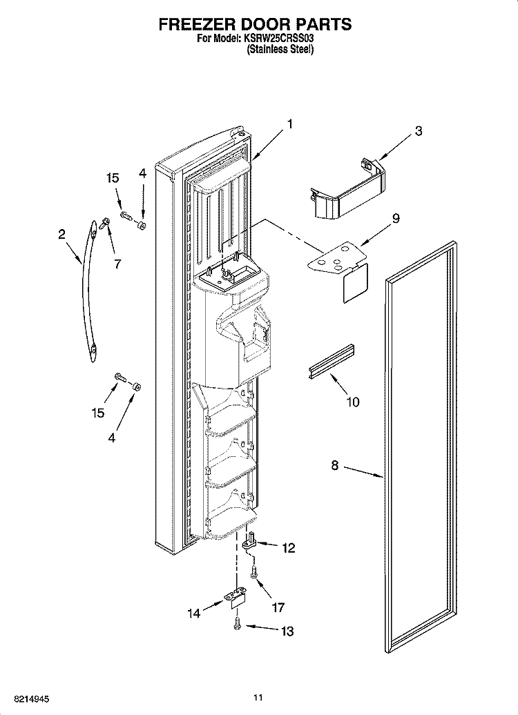 FREEZER DOOR PARTS Diagram and Parts List for KSRW25CRSS03  KitchenAid Refrigerator