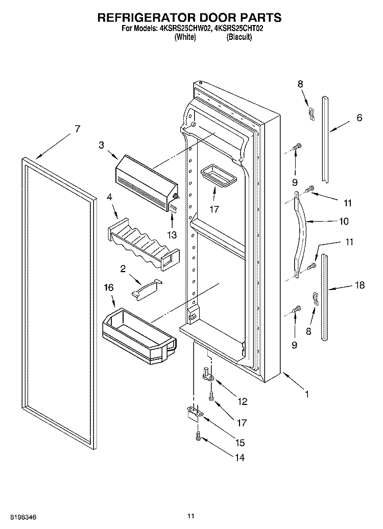 REFRIGERATOR DOOR Diagram and Parts List for 4KSRS25CHW02  KitchenAid Refrigerator