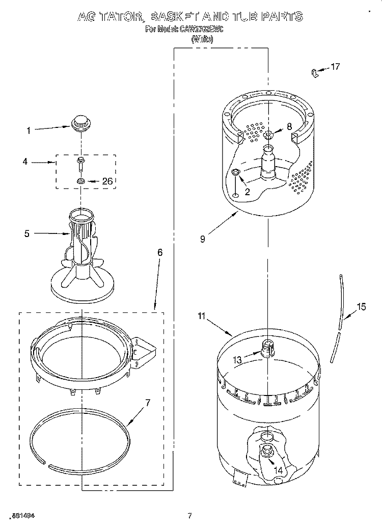 AGITATOR, BASKET AND TUB Diagram and Parts List for CCW2762EW0  Whirlpool Washer