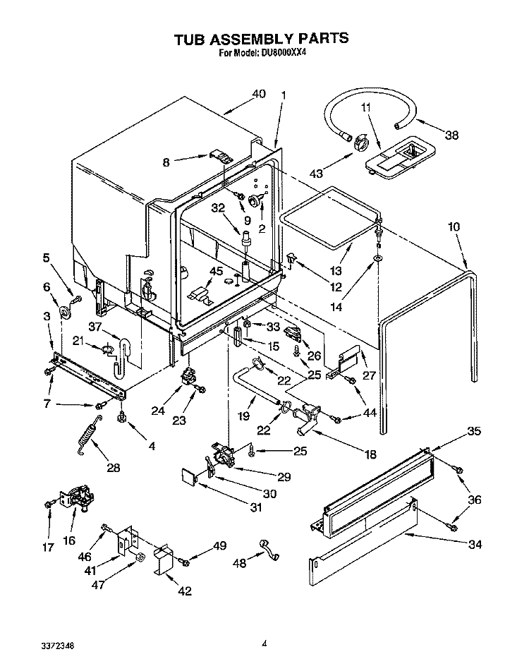 TUB, LIT/OPTIONAL Diagram and Parts List for DU8000XX4  Whirlpool Dishwasher