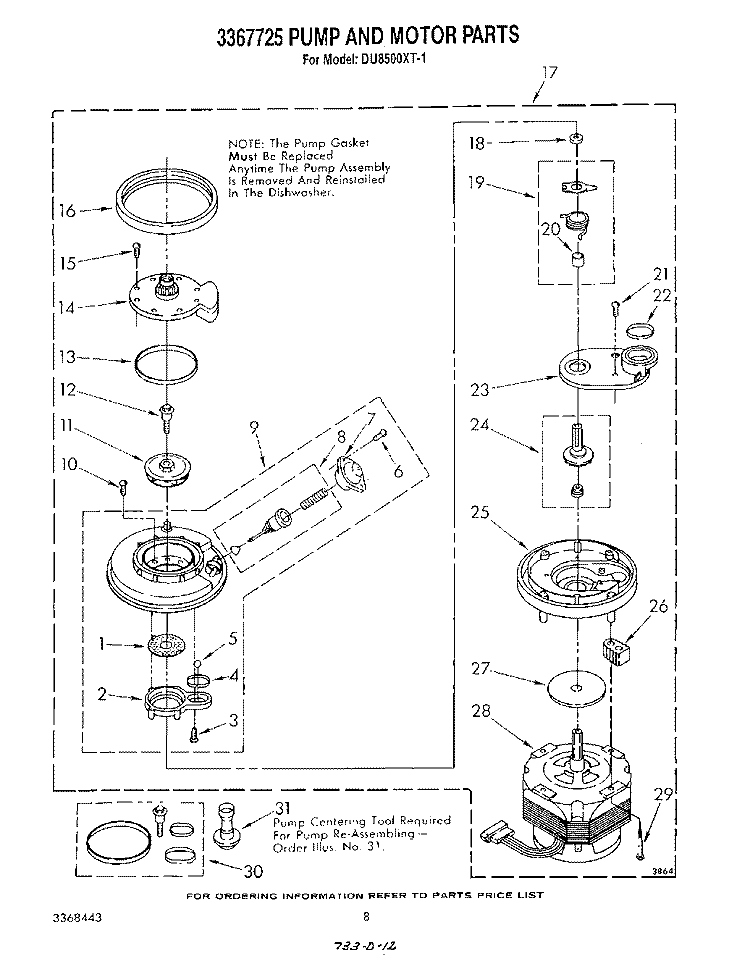 3367725 PUMP AND MOTOR Diagram and Parts List for DU8500XT1  Whirlpool Dishwasher