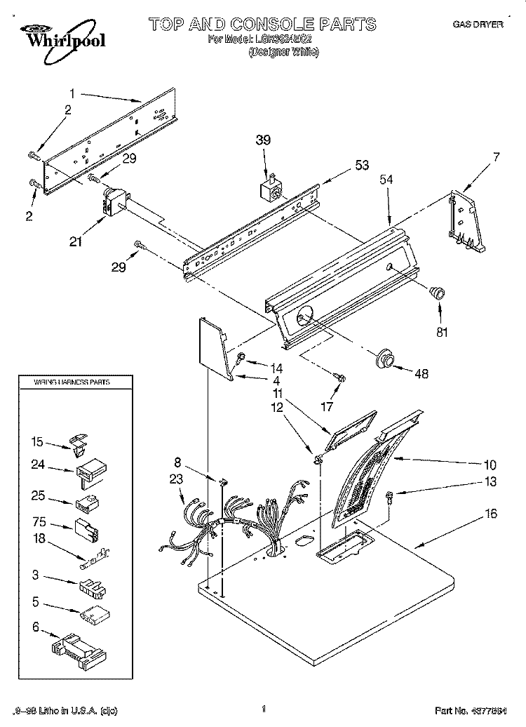 TOP AND CONSOLE, LIT/OPTIONAL Diagram and Parts List for LGR3624EQ2  Whirlpool Dryer