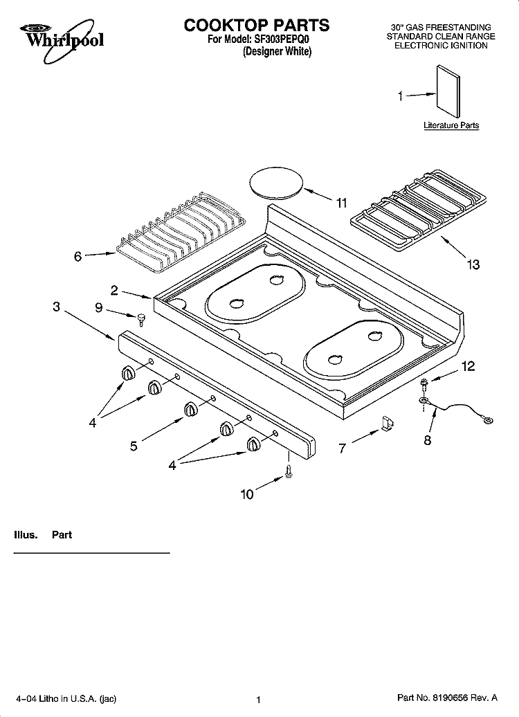 COOKTOP PARTS Diagram and Parts List for SF303PEPQ0  Whirlpool Range
