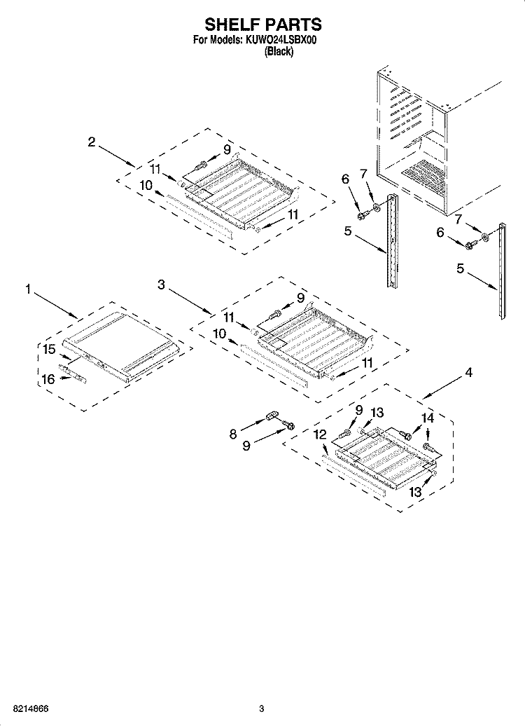 SHELF PARTS Diagram and Parts List for KUWO24LSBX00  KitchenAid Wine and Beverage Cooler