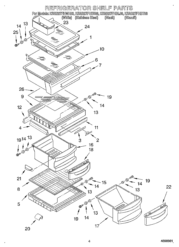 REFRIGERATOR SHELF Diagram and Parts List for KSRB27FHBT03  KitchenAid Refrigerator