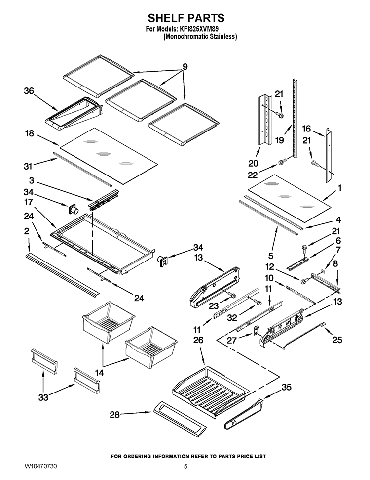 SHELF PARTS Diagram and Parts List for KFIS25XVMS9  KitchenAid Refrigerator