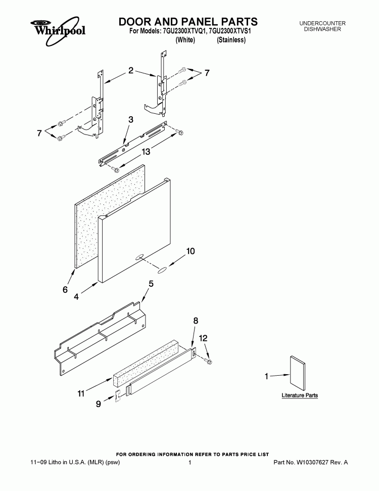 DOOR AND PANEL PARTS Diagram and Parts List for 7GU2300XTVQ1  Whirlpool Dishwasher