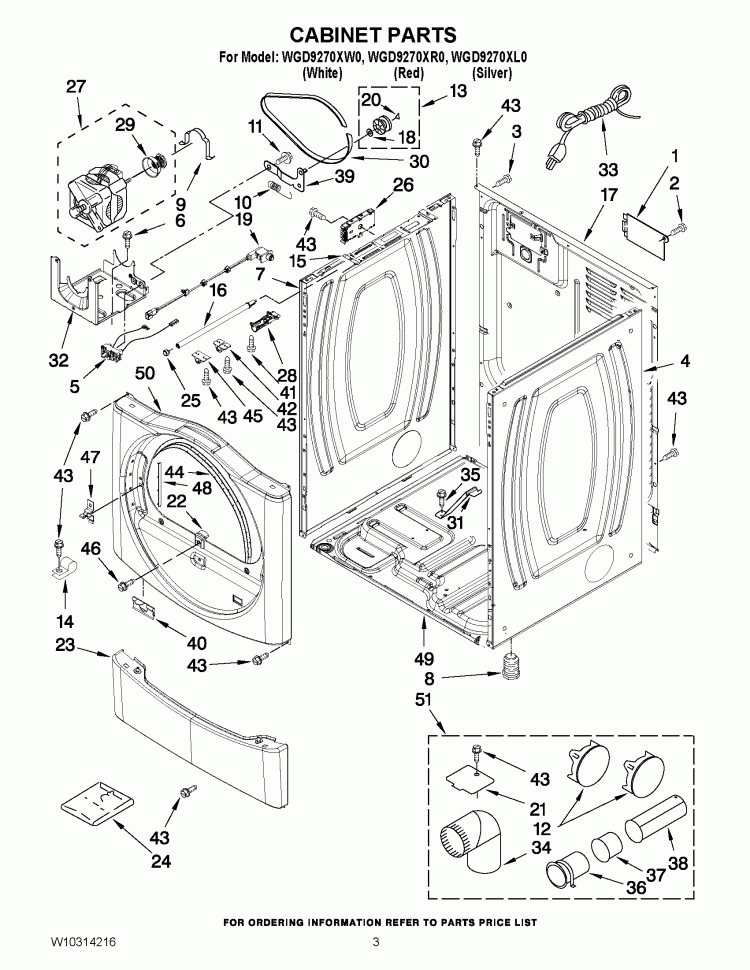 CABINET PARTS Diagram and Parts List for WGD9270XW0  Whirlpool Dryer