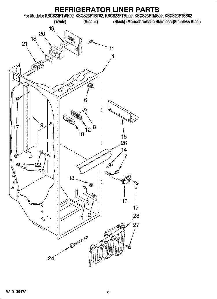 REFRIGERATOR LINER PARTS Diagram and Parts List for KSCS23FTMS02  KitchenAid Refrigerator