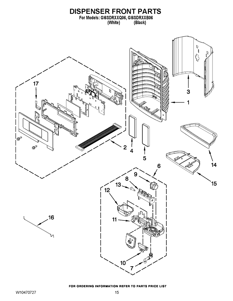 DISPENSER FRONT PARTS Diagram and Parts List for GI6SDRXXB06  Whirlpool Refrigerator