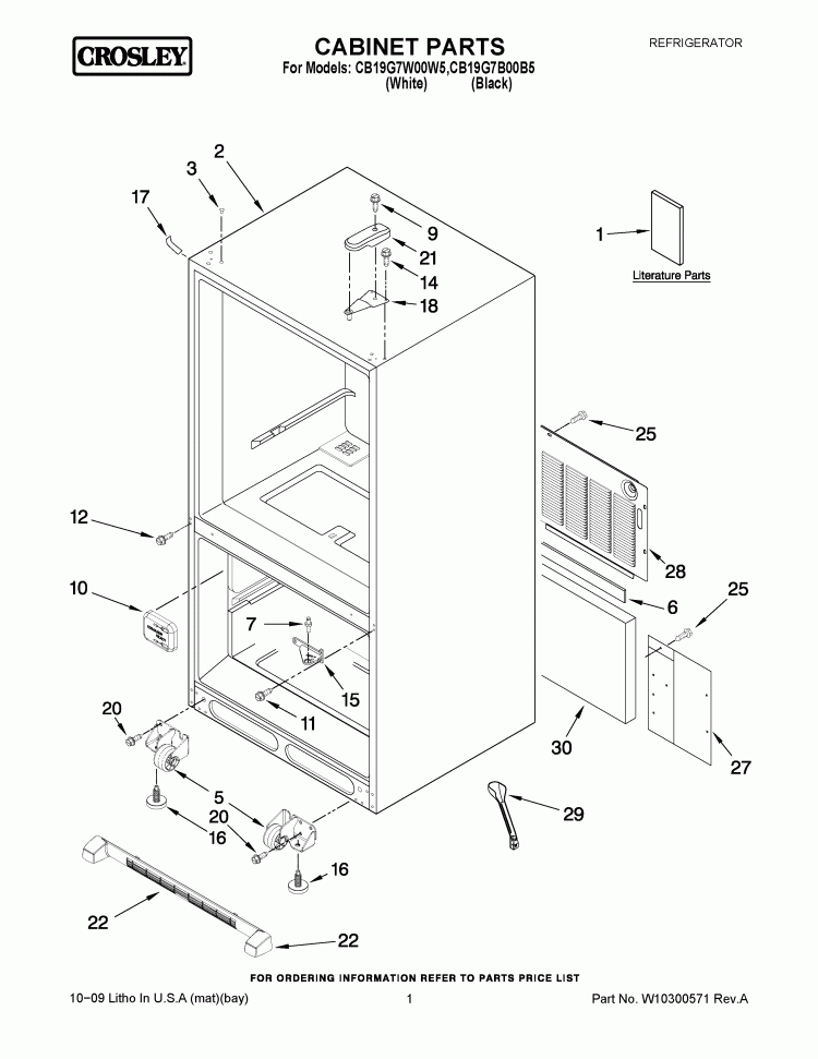 CABINET PARTS Diagram and Parts List for CB19G7B00B5  Whirlpool Refrigerator