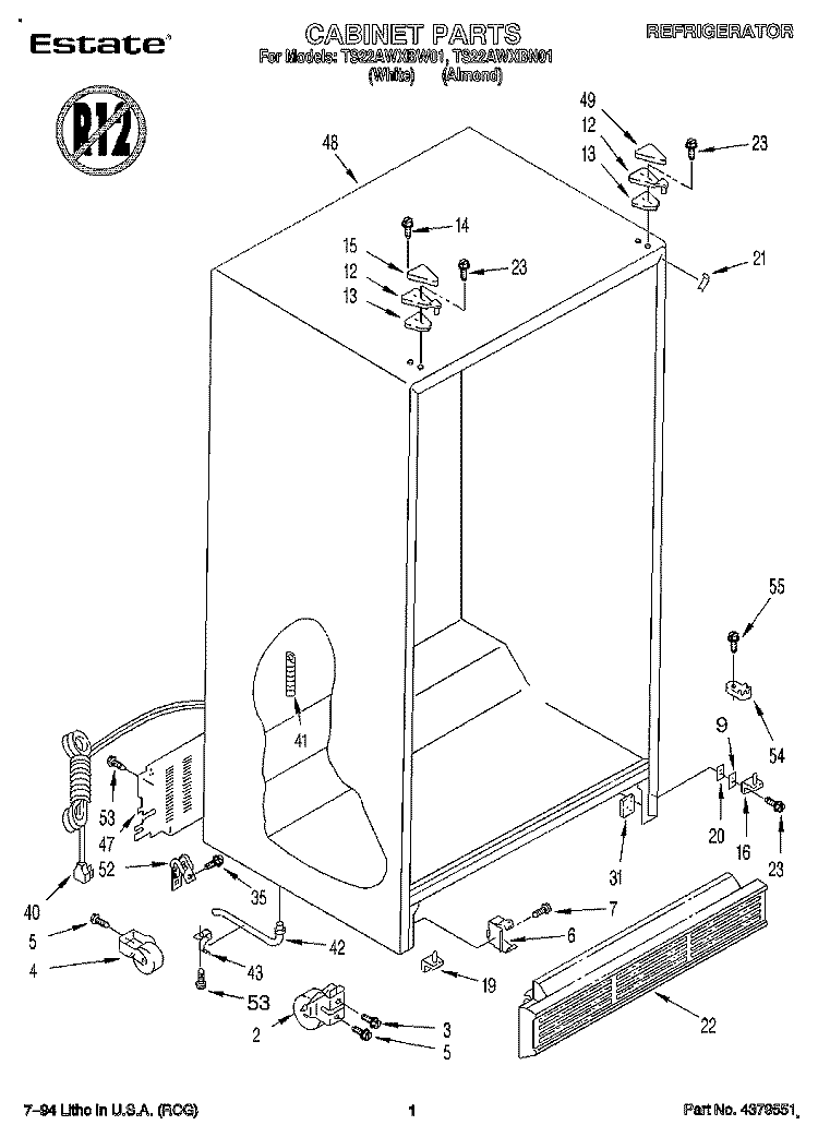 CABINET Diagram and Parts List for TS22AWXBN01  Whirlpool Refrigerator