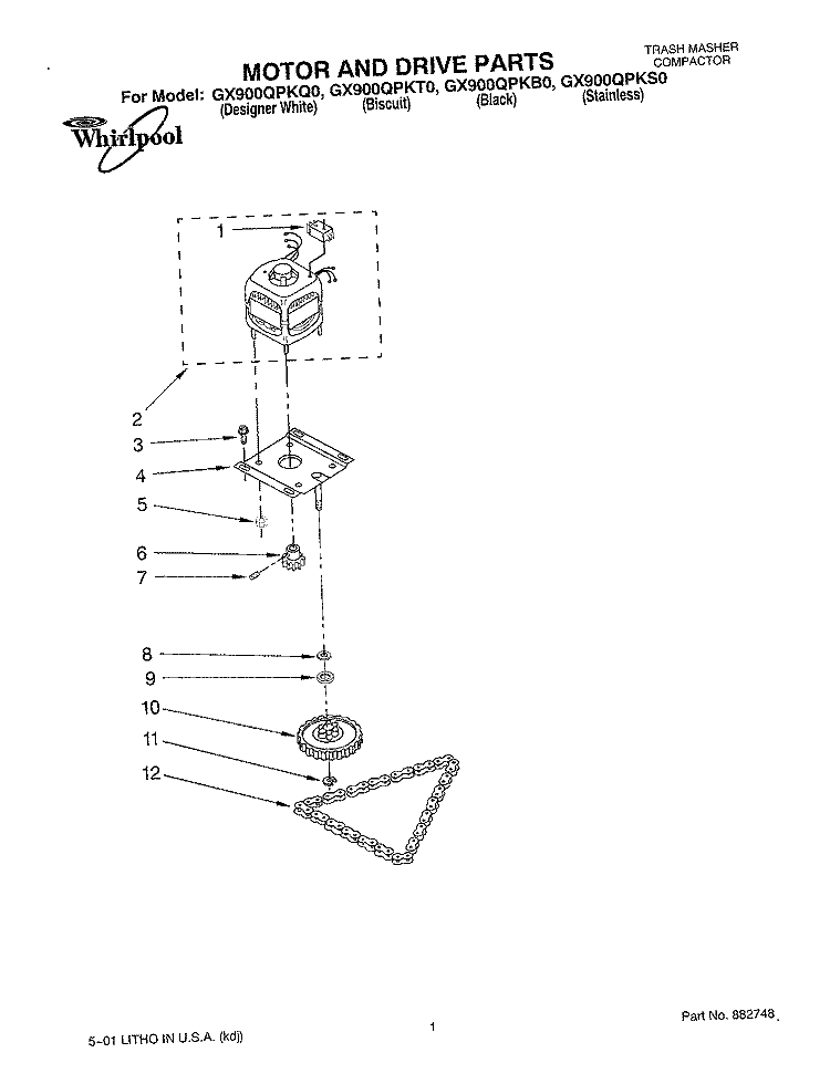 MOTOR AND DRIVE Diagram and Parts List for GX900QPKS0  Whirlpool Trash Compactor
