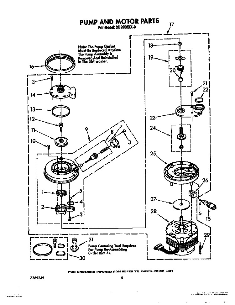 PUMP AND MOTOR Diagram and Parts List for DU9200XX0  Whirlpool Dishwasher