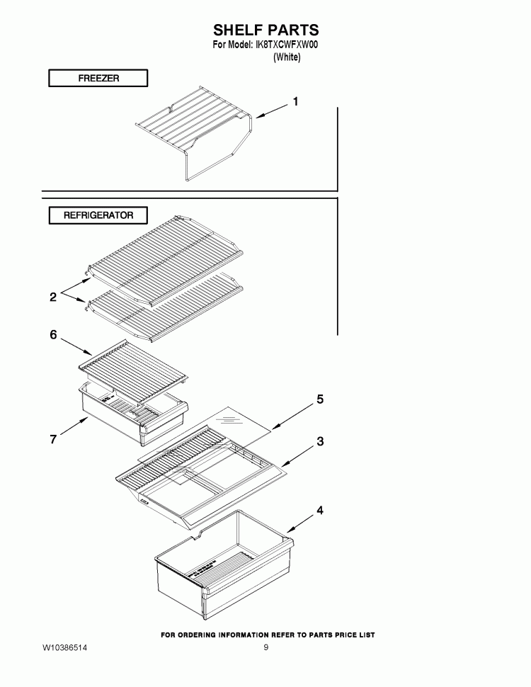 SHELF PARTS Diagram and Parts List for IK8TXCWFXW00  Whirlpool Refrigerator
