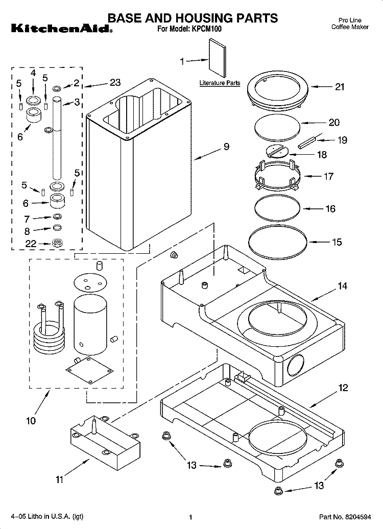 BASE AND HOUSING PARTS Diagram and Parts List for KPCM100  KitchenAid Coffee Maker
