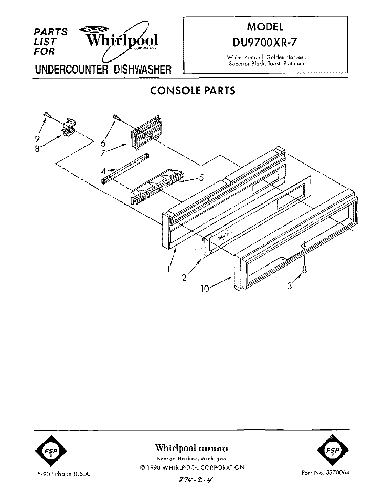 CONSOLE Diagram and Parts List for DU9700XR7  Whirlpool Dishwasher