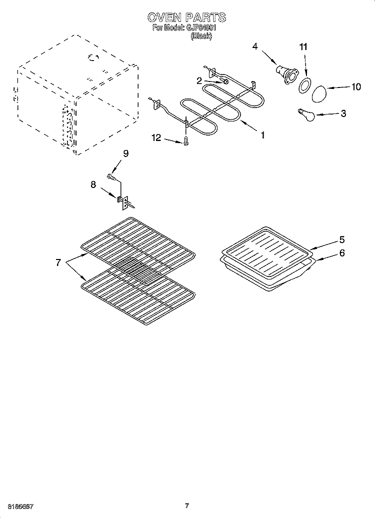 OVEN PARTS Diagram and Parts List for GJP84901  Whirlpool Range