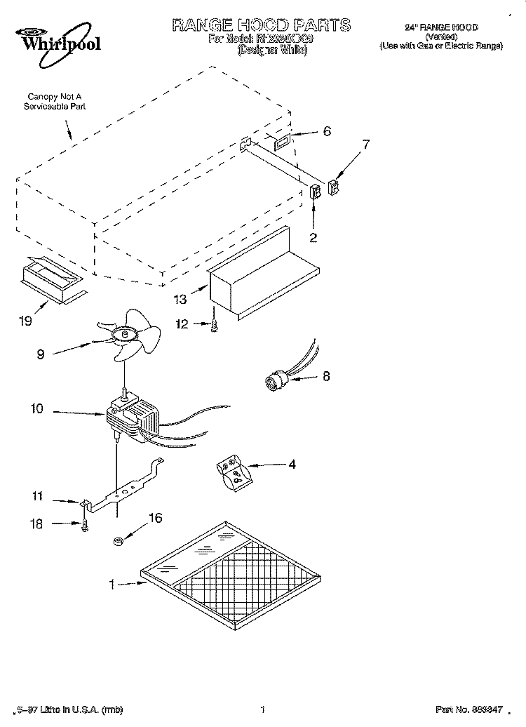 SECTION Diagram and Parts List for RH2324XDQ0  Whirlpool Range Hood