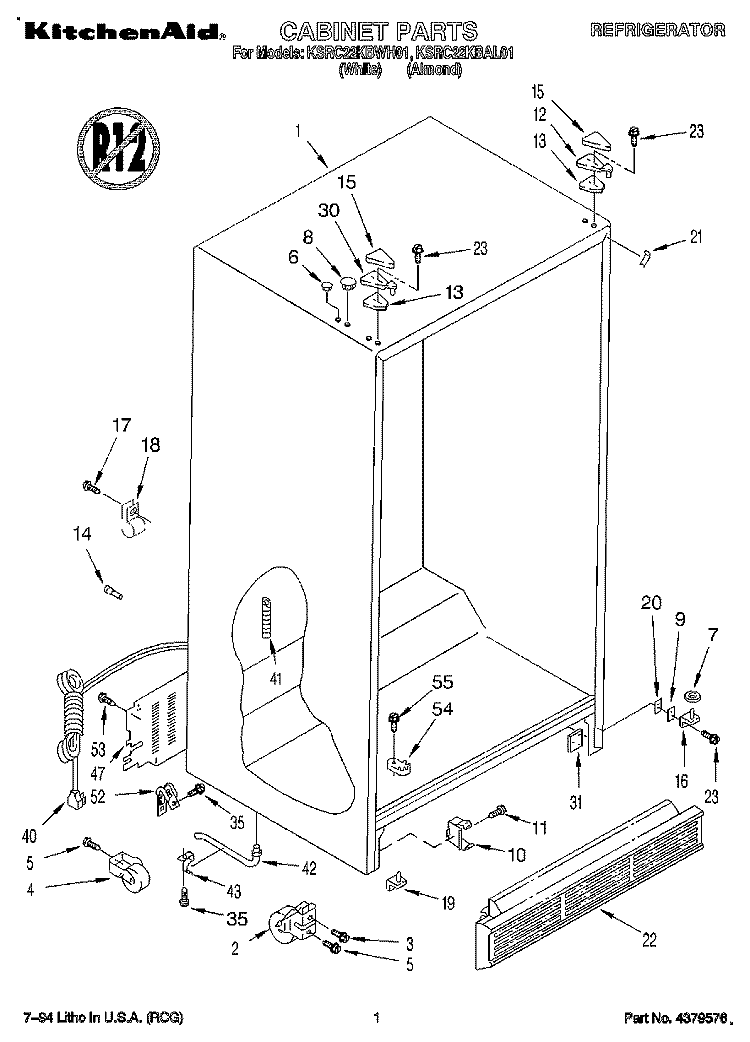 CABINET Diagram and Parts List for KSRC22KBAL01  KitchenAid Refrigerator