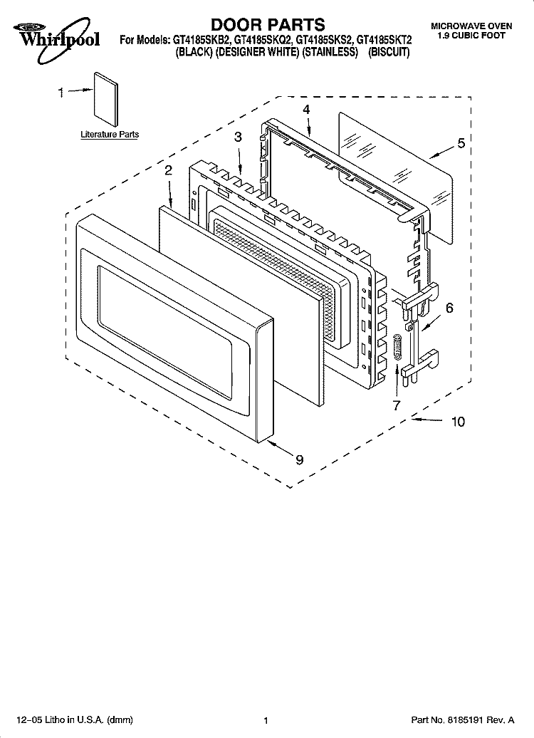 DOOR PARTS Diagram and Parts List for GT4185SKB2  Whirlpool Microwave
