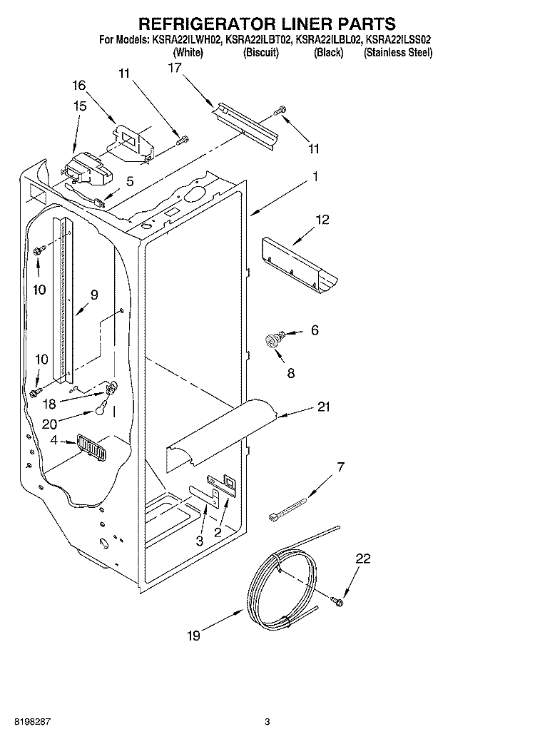 REFRIGERATOR LINER PARTS Diagram and Parts List for KSRA22ILBL02  KitchenAid Refrigerator