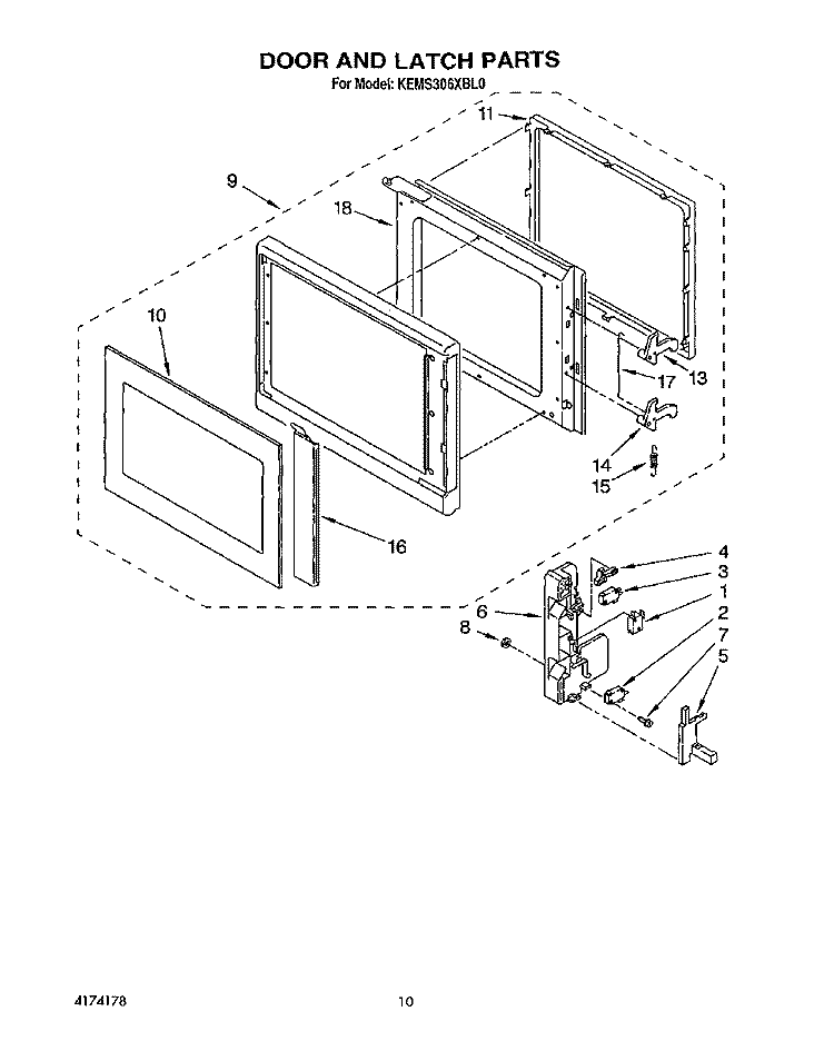 DOOR AND LATCH Diagram and Parts List for KEMS306XWH0  KitchenAid Wall Oven