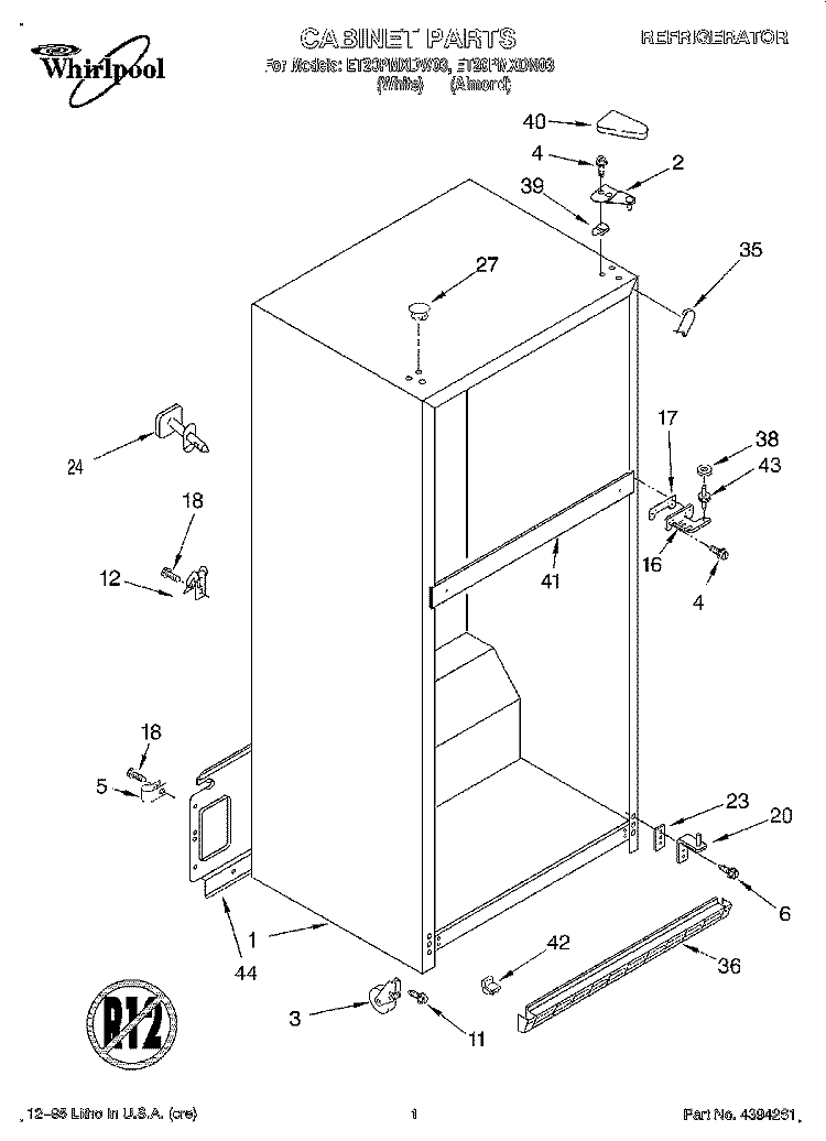 CABINET Diagram and Parts List for ET20PMXDN03  Whirlpool Refrigerator