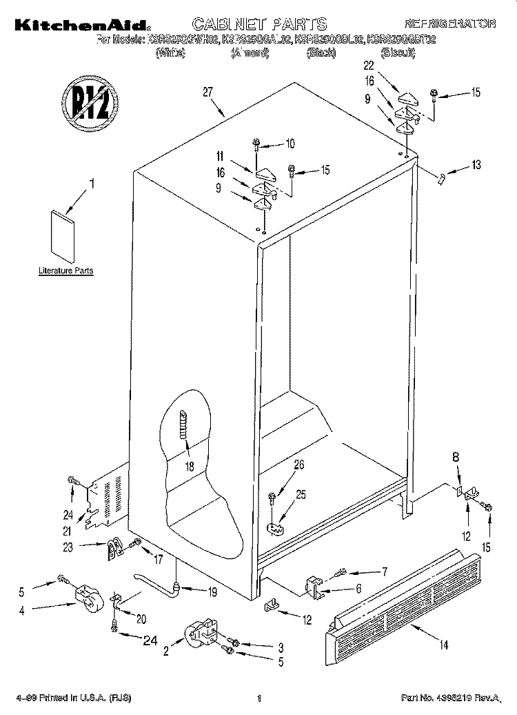 CABINET, LITERATURE Diagram and Parts List for KSRS25QGWH02  KitchenAid Refrigerator