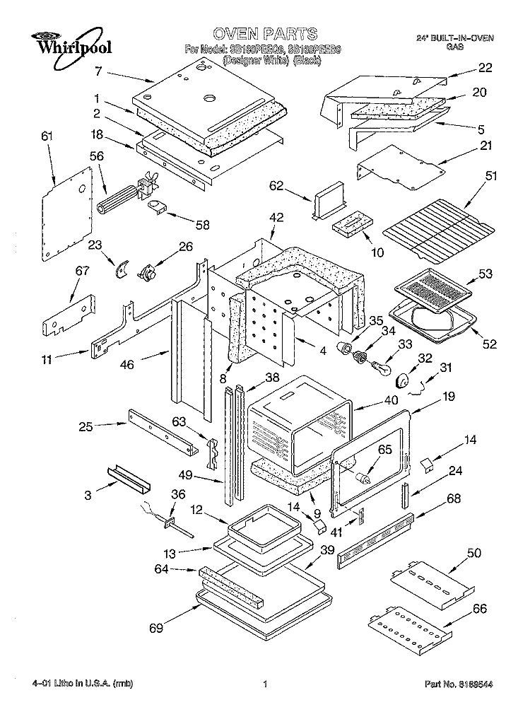 OVEN Diagram and Parts List for SB160PEEB9  Whirlpool Wall Oven
