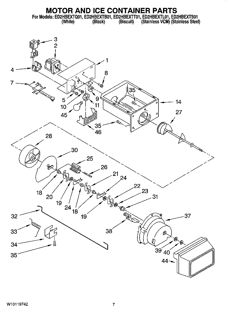 MOTOR AND ICE CONTAINER PARTS Diagram and Parts List for ED2HBEXTQ01  Whirlpool Refrigerator