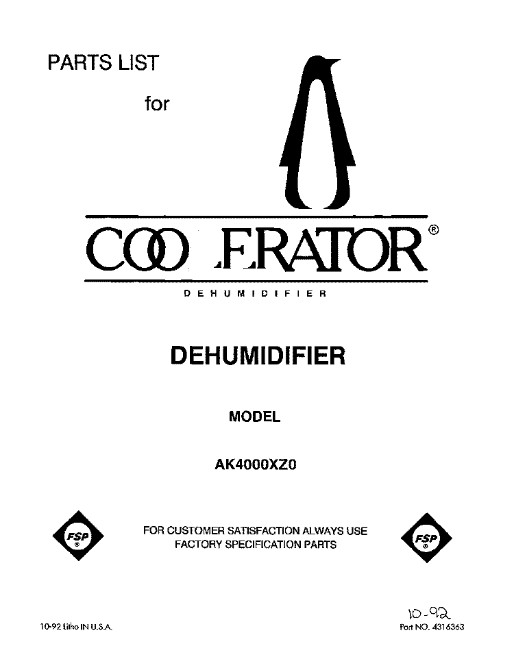 SECTION Diagram and Parts List for AK4000XZ0  Whirlpool Dehumidifier