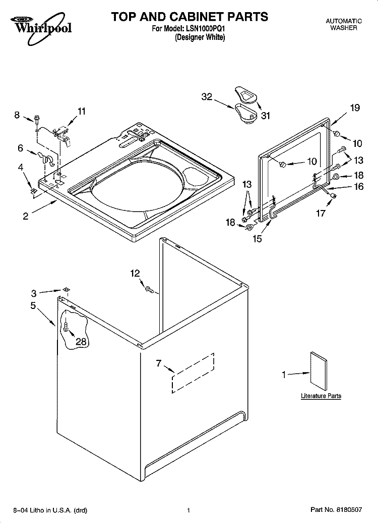 TOP AND CABINET PARTS Diagram and Parts List for LSN1000PQ1  Whirlpool Washer