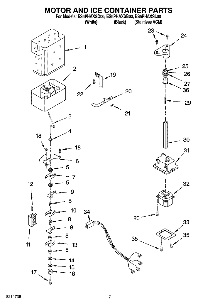 MOTOR AND ICE CONTAINER PARTS Diagram and Parts List for ES5PHAXSB00  Whirlpool Refrigerator