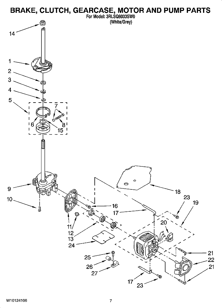BRAKE, CLUTCH, GEARCASE, MOTOR AND PUMP PARTS Diagram and Parts List for 3RLSQ8033SW0  Whirlpool Washer