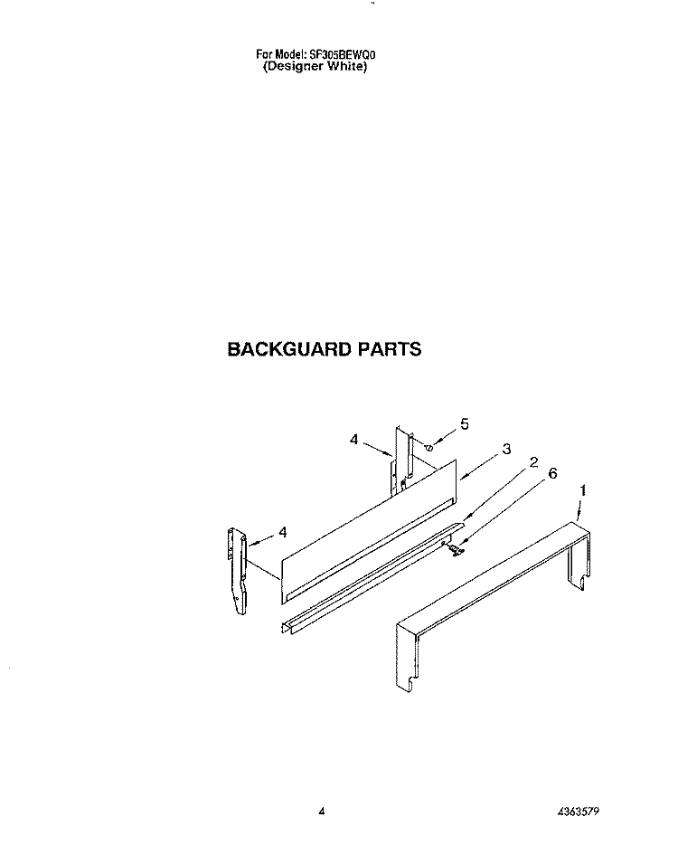 BACKGUARD Diagram and Parts List for SF305BEWQ0  Whirlpool Range