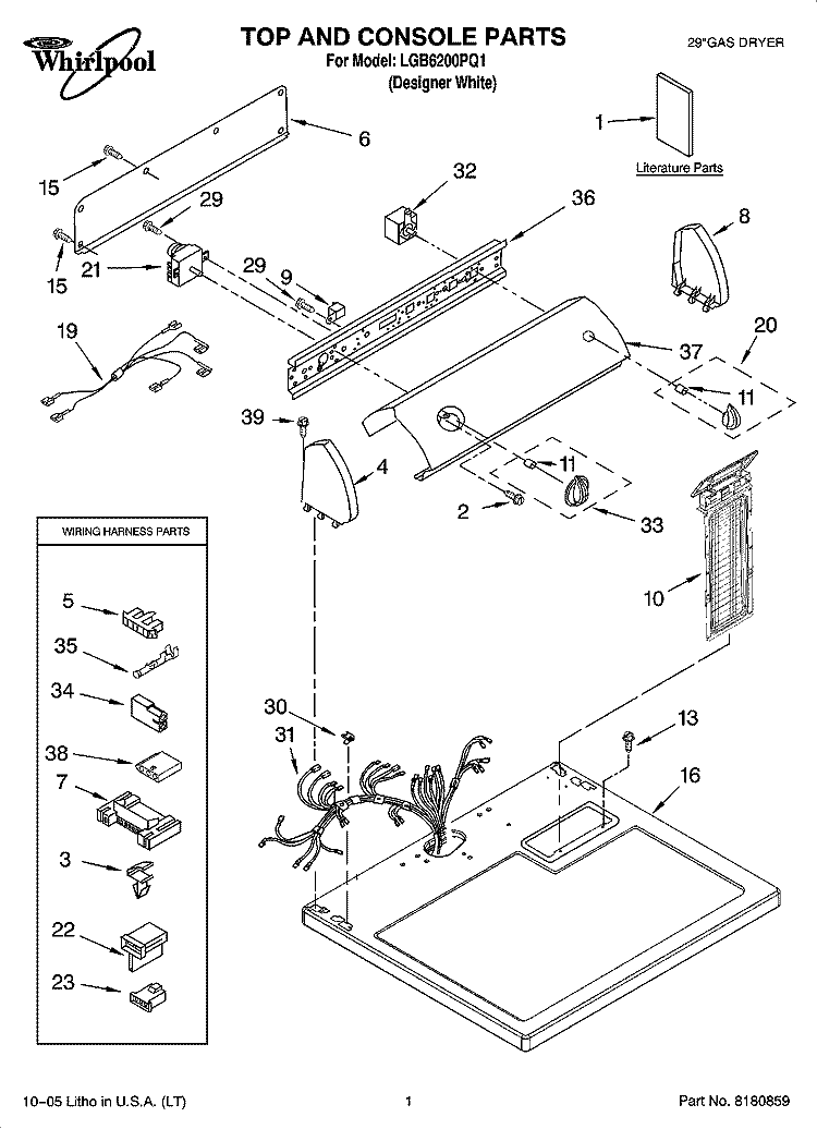 TOP AND CONSOLE PARTS Diagram and Parts List for LGB6200PQ1  Whirlpool Dryer