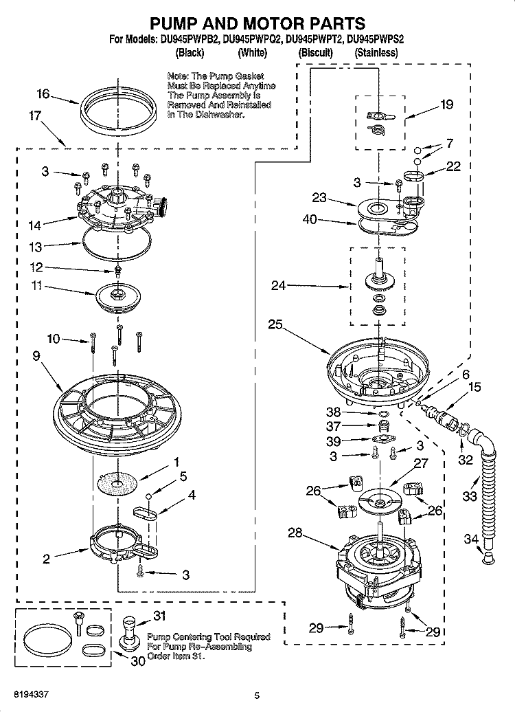 PUMP AND MOTOR PARTS Diagram and Parts List for DU945PWPQ2  Whirlpool Dishwasher