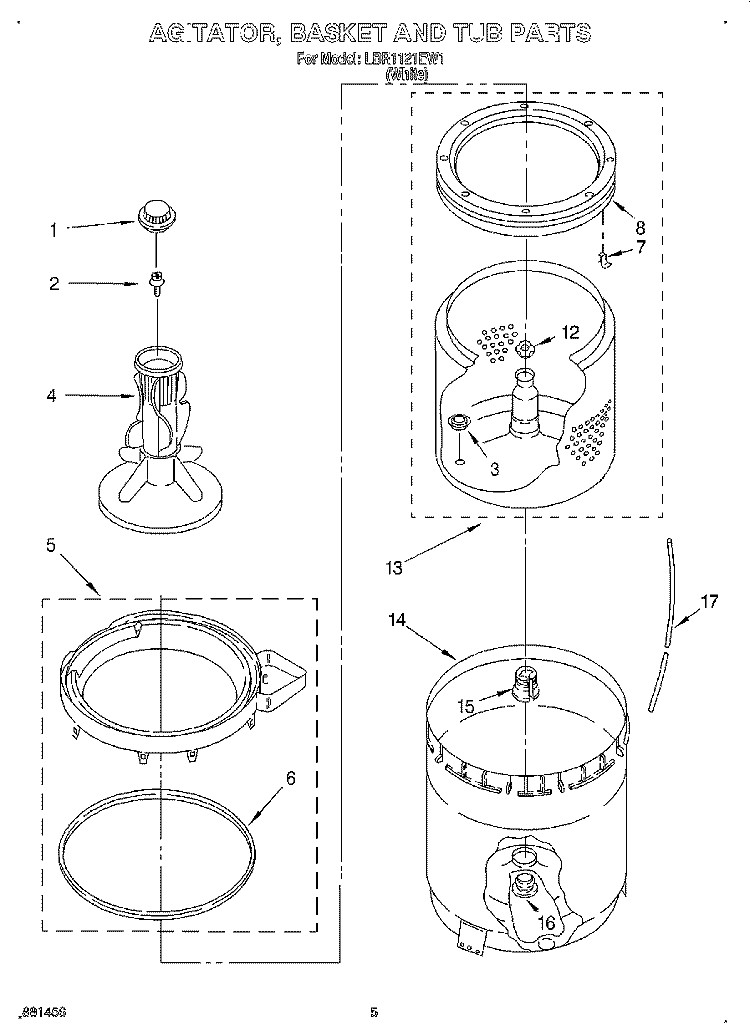 AGITATOR, BASKET AND TUB Diagram and Parts List for LBR1121EW1  Whirlpool Washer