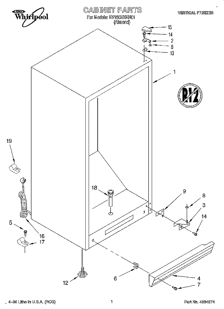 CABINET, LIT/OPTIONAL Diagram and Parts List for EV150NXEN01  Whirlpool Freezer