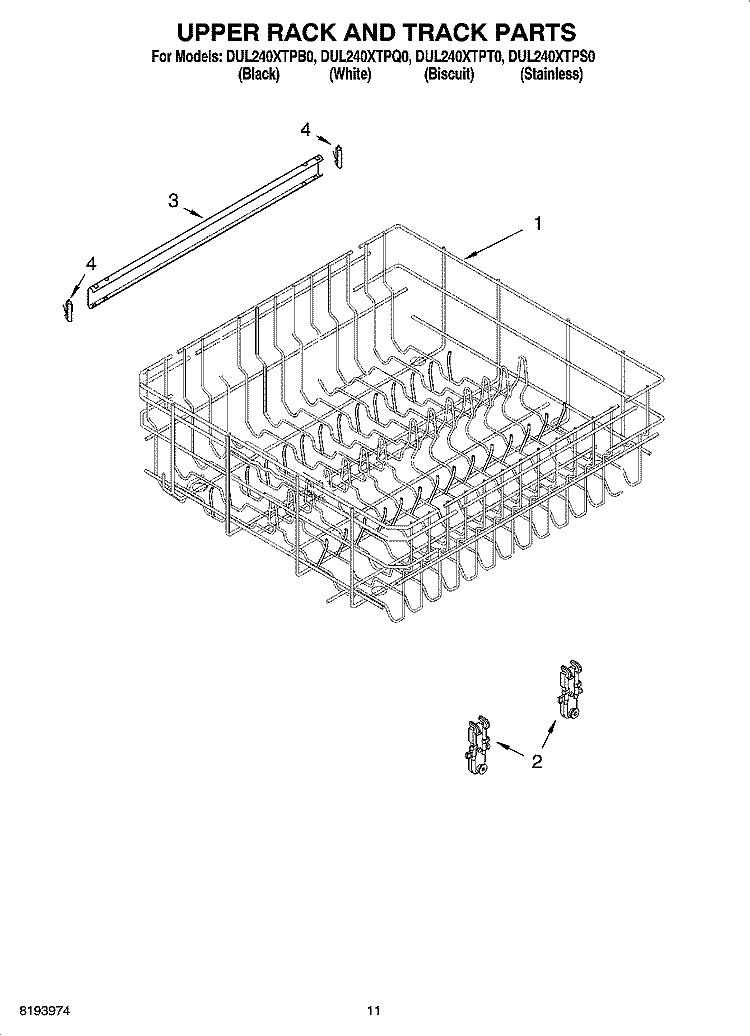 UPPER RACK AND TRACK PARTS Diagram and Parts List for DUL240XTPQ0  Whirlpool Dishwasher