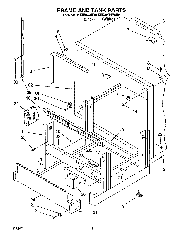 FRAME AND TANK Diagram and Parts List for KUDA23HB0  KitchenAid Dishwasher