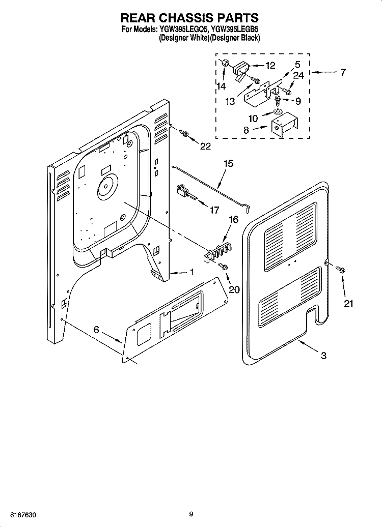 REAR CHASSIS PARTS, MISCELLANEOUS PARTS Diagram and Parts List for YGW395LEGQ5  Whirlpool Range