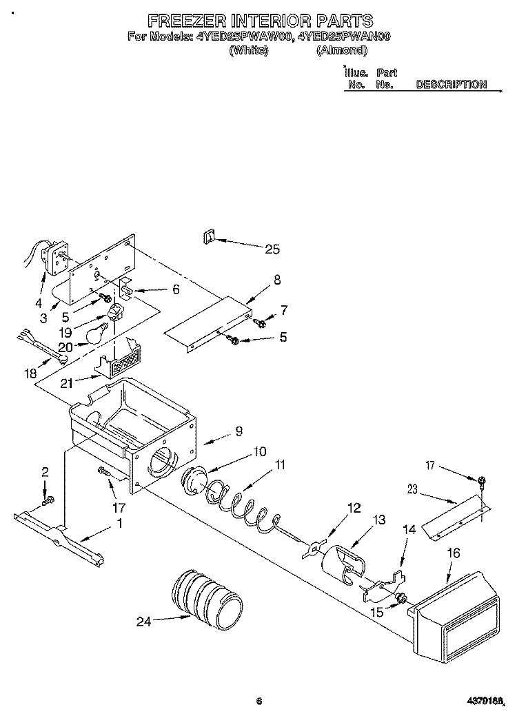 FREEZER INTERIOR Diagram and Parts List for 4YED25PWAW00  Whirlpool Refrigerator