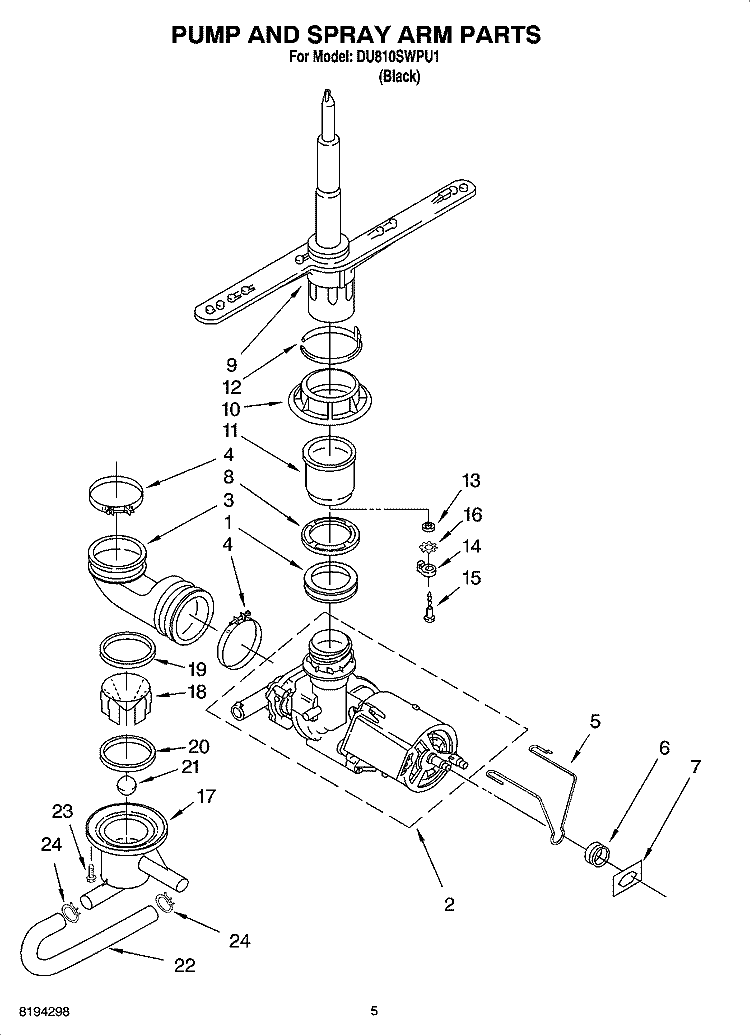 PUMP AND SPRAY ARM PARTS Diagram and Parts List for DU810SWPU1  Whirlpool Dishwasher