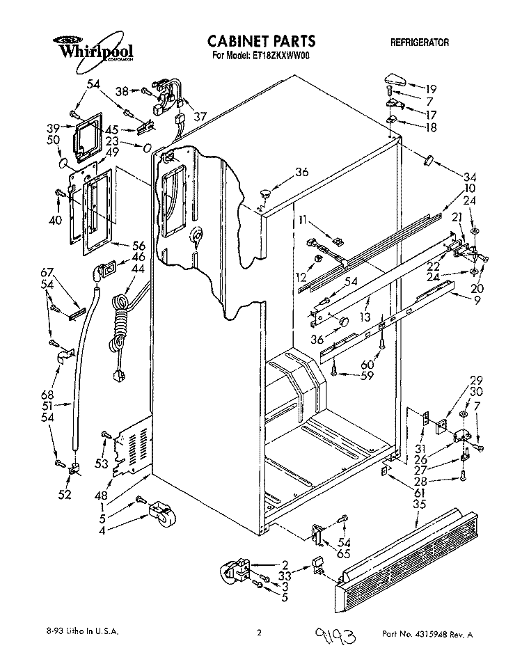 CABINET Diagram and Parts List for ET18ZKXWW00  Whirlpool Refrigerator