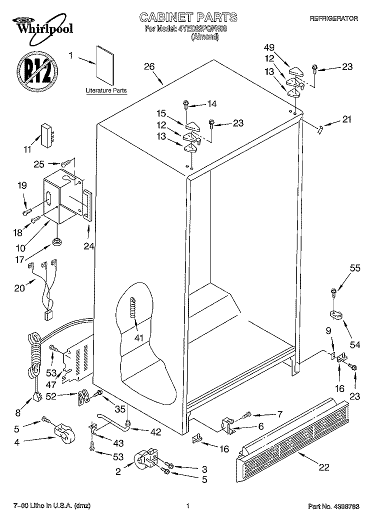 CABINET, LITERATURE Diagram and Parts List for 4YED22PQFN03  Whirlpool Refrigerator