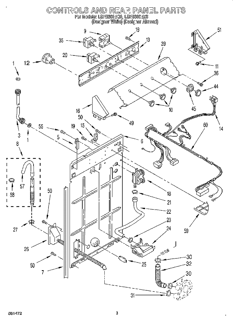 CONTROLS AND REAR PANEL Diagram and Parts List for LSR8300EQ0  Whirlpool Washer
